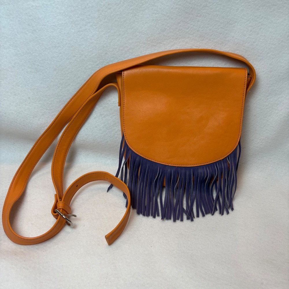 Vintage‎ Boho Orange Leather Purple Fringe Crossbody Bag Village Tannery NYC